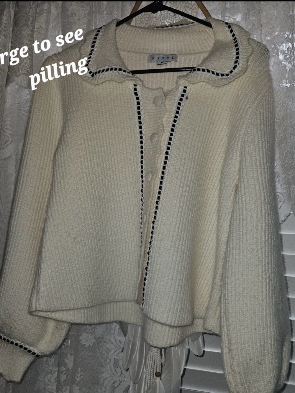 HYFVE Coquette Cream ribbed Cardigan Contrast Trim Peter Pan Collar Sweater M - Picture 5 of 16
